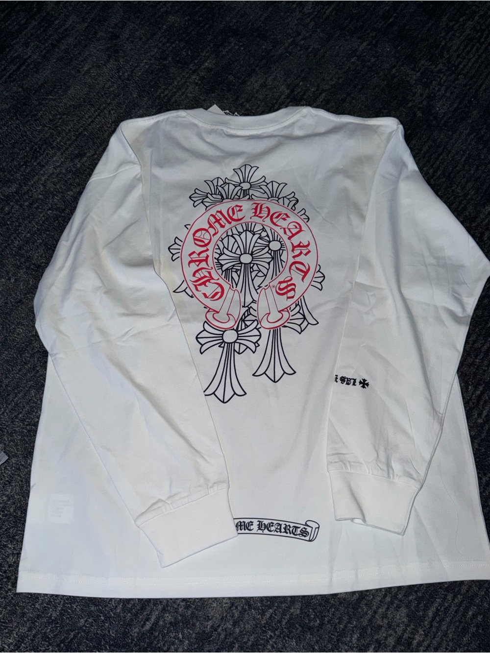White Crewneck Sweater with Black and Red Back Graphic